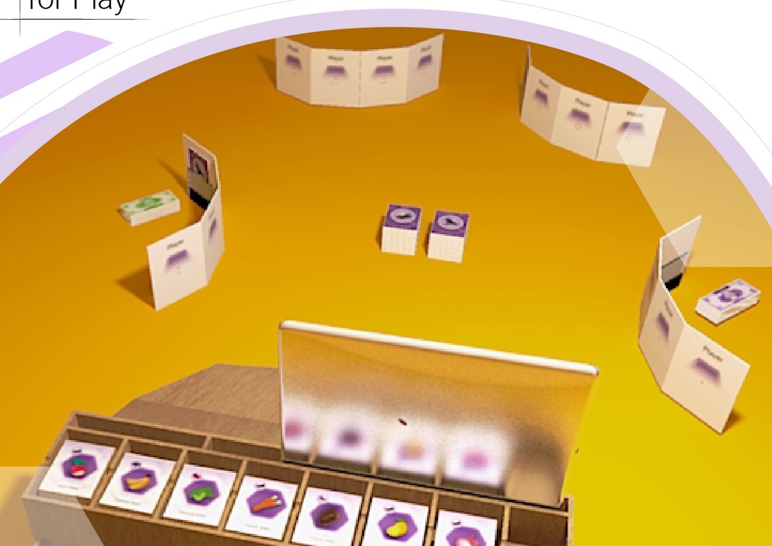 A render of the finished game set up for play, with the market stand, player screens and card decks around a round table.