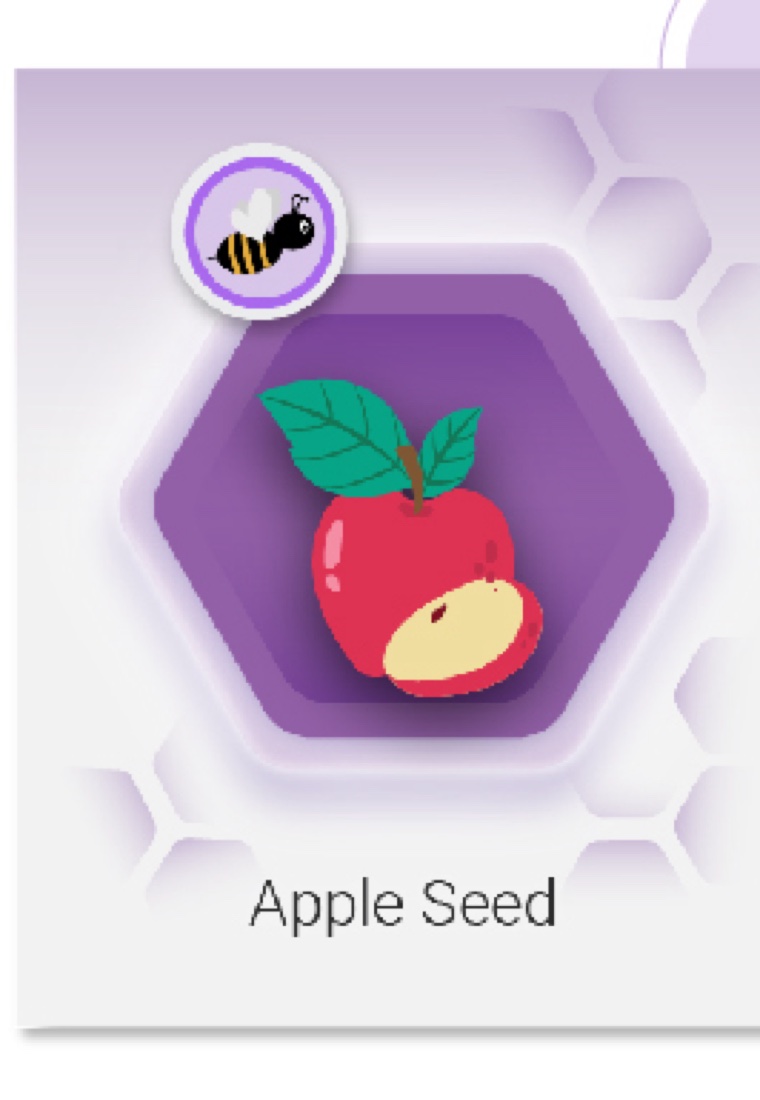 An Apple Seed crop card, with an illustrated apple inside a hexagonal frame and a bee token in the corner.