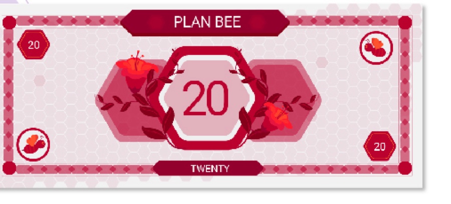 A Plan Bee twenty note, a red and white bill with a hexagonal 20 at its centre framed by flowers and pollinator badges in the corners.