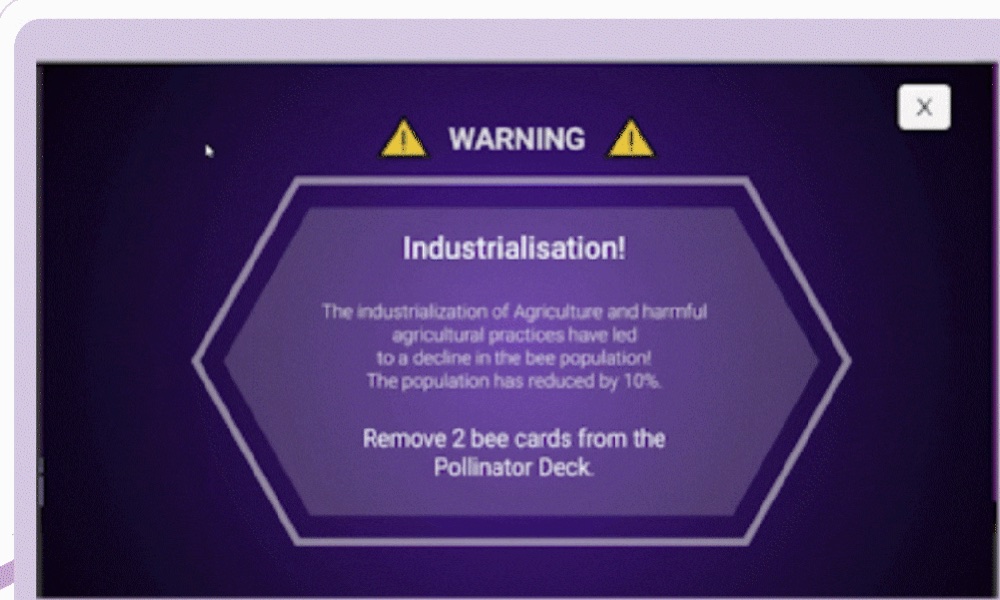 An event warning screen announcing Industrialisation and instructing players to remove two bee cards.