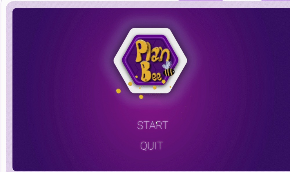 The Plan Bee start screen, the hexagonal logo on deep purple above Start and Quit.