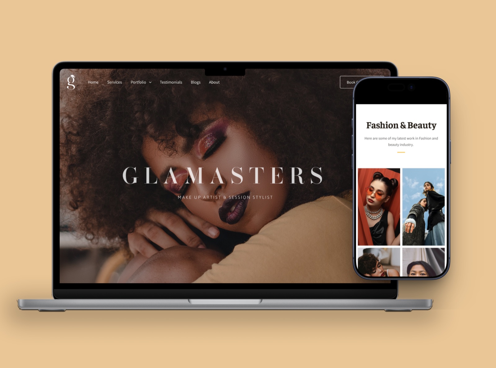 The Glamasters website on a laptop and a phone, showing the homepage and the Fashion and Beauty gallery.