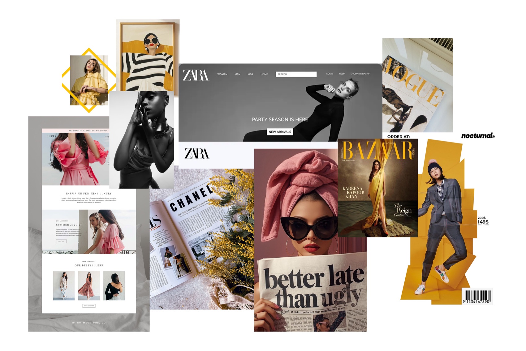 The Glamasters moodboard: editorial fashion photography, magazine spreads and retail site layouts in black, white and warm neutrals.