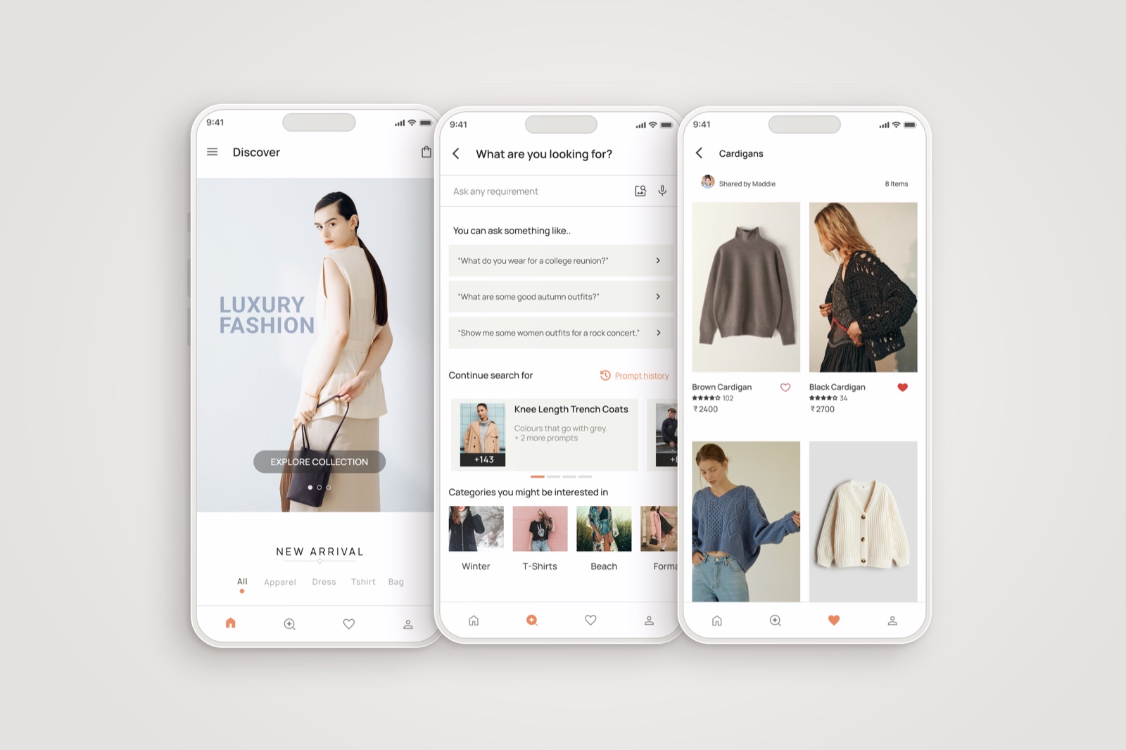 A fashion retail app on three phones: a Discover home screen, a natural-language search screen, and a saved cardigans collection.